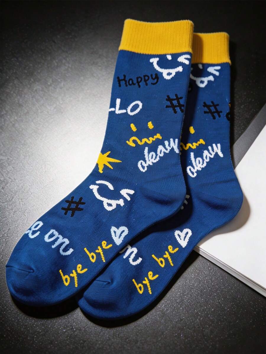 1/3 Pairs Men's Mid-Calf Socks With Graffiti Funny Cartoon Expression Pattern, Elastic Design, Creative Fashion Style, Men's Socks, Spring/Autumn Thin Breathable Comfortable Moisture-Wicking Sweat-Absorbing Socks, Sports Casual Streetwear Style, Suitable For Holiday Gifts, Daily Wear, Party - Multicolor - View 1