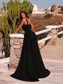 ADYCE Elegant Thick Strap High Waist High Slit Cinched Waist Backless Tie-Up Floor Length Evening Gown, Suitable For F - Black - View 5