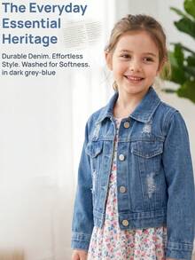 Young Girl Autumn/Winter Minimalist Versatile Classic Vintage Street Style Stand Collar Distressed Front Button Denim Jacket, For Back To School, Daily Wear And Vacation - Medium Wash - View 4