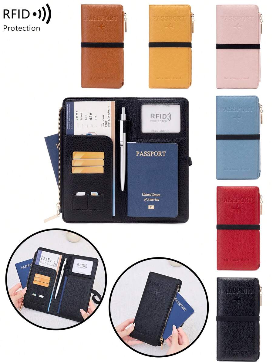 CHARM INFINITE Dompet Paspor Kulit Motif Leci Anti-Pencurian RFID, dengan Tali Elastis, Slot Pena, Beberapa Slot Kartu, Kompartemen Berresleting untuk Tiket dan Uang Tunai, Pengatur Dokumen Perjalanan Unisex, Cocok untuk Perjalanan Pesawat