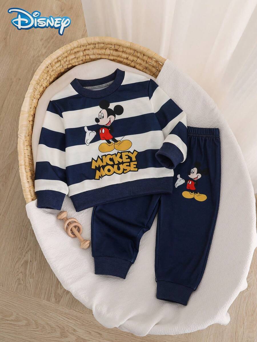 Disney 2pcs Set Autumn Baby Boy Newborn Mickey Cute Letter Cartoon Striped Print Long Sleeve Ribbed Sweatshirt Elastic Waist Royal Blue Sweatpants Slight Stretch Suitable For Baby Newborn Daily Wear Spring Gift - Royal Blue - View 1