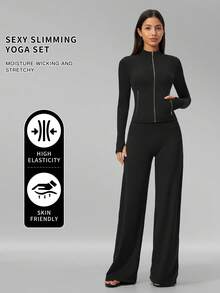 MFVIM Women's Versatile Yoga Set, Soft Skin-Friendly Fitted Jacket + Wide Leg Casual Versatile Pants - Premium Black - View 3