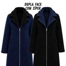 Casaco Feminino Teddy Alongado Dupla Face de Gola Lapela Tecido Peludinho Sherpa Peluciado Por dentro e Por Fora Fechamento de Zíper Noite Feriado Férias viagem Plus Size - Azul Marinho / Preto - Visão 2