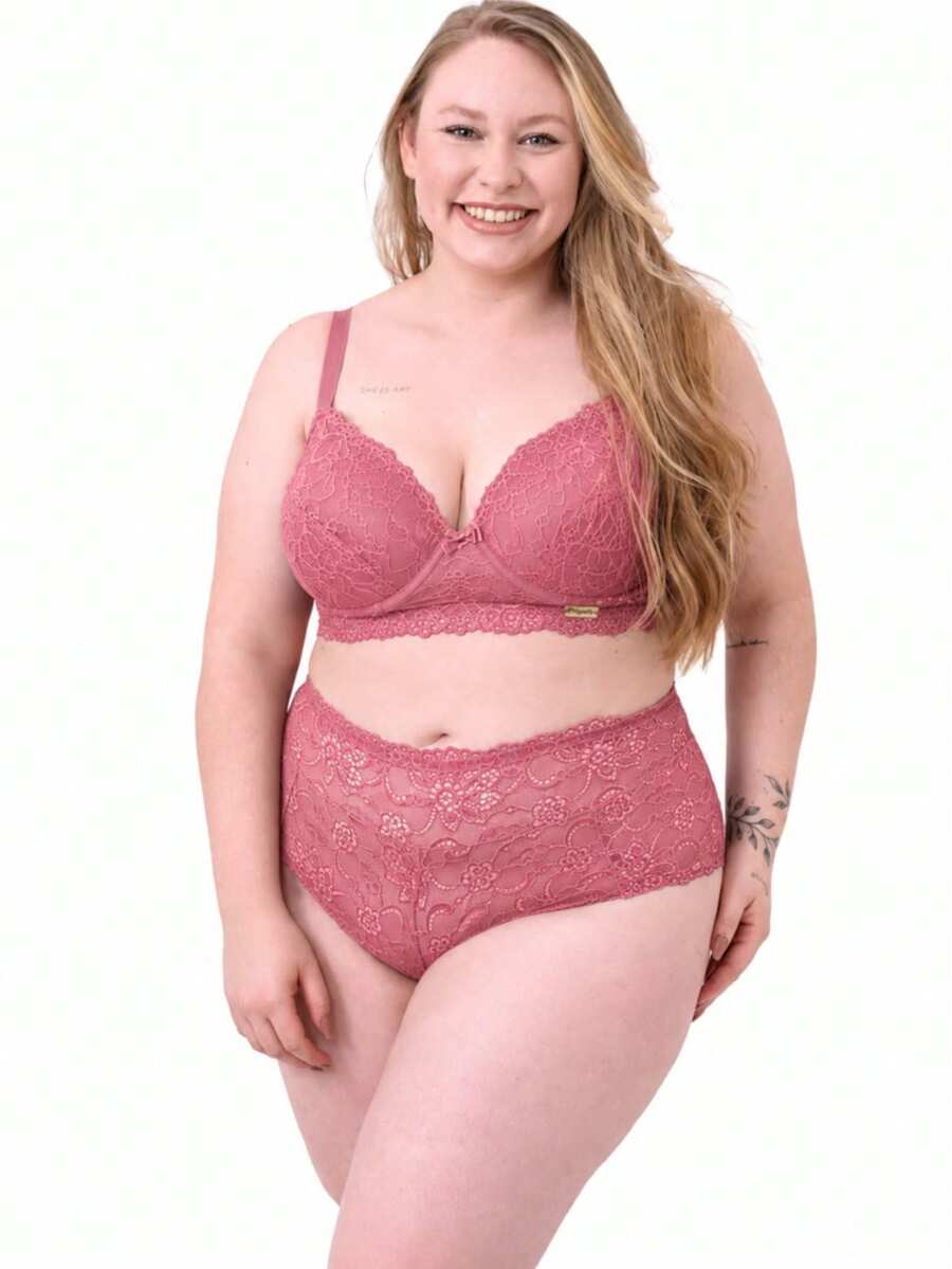 Conjunto Lingerie Plus Size Rendado Cropped  Lingerie Sensual Calcinha Alta Confortável - Rosa chiclete - Visão 1