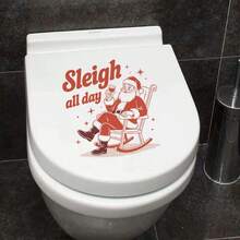 1pc Vintage Santa Claus Sitting In Rocking Chair Holding Wine Glass "Sleigh All Day" Toilet Tank Sticker, Removable PVC Funny Christmas Decor Sticker, Bathroom Personalized Holiday Atmosphere Sticker - Santa Claus - View 1
