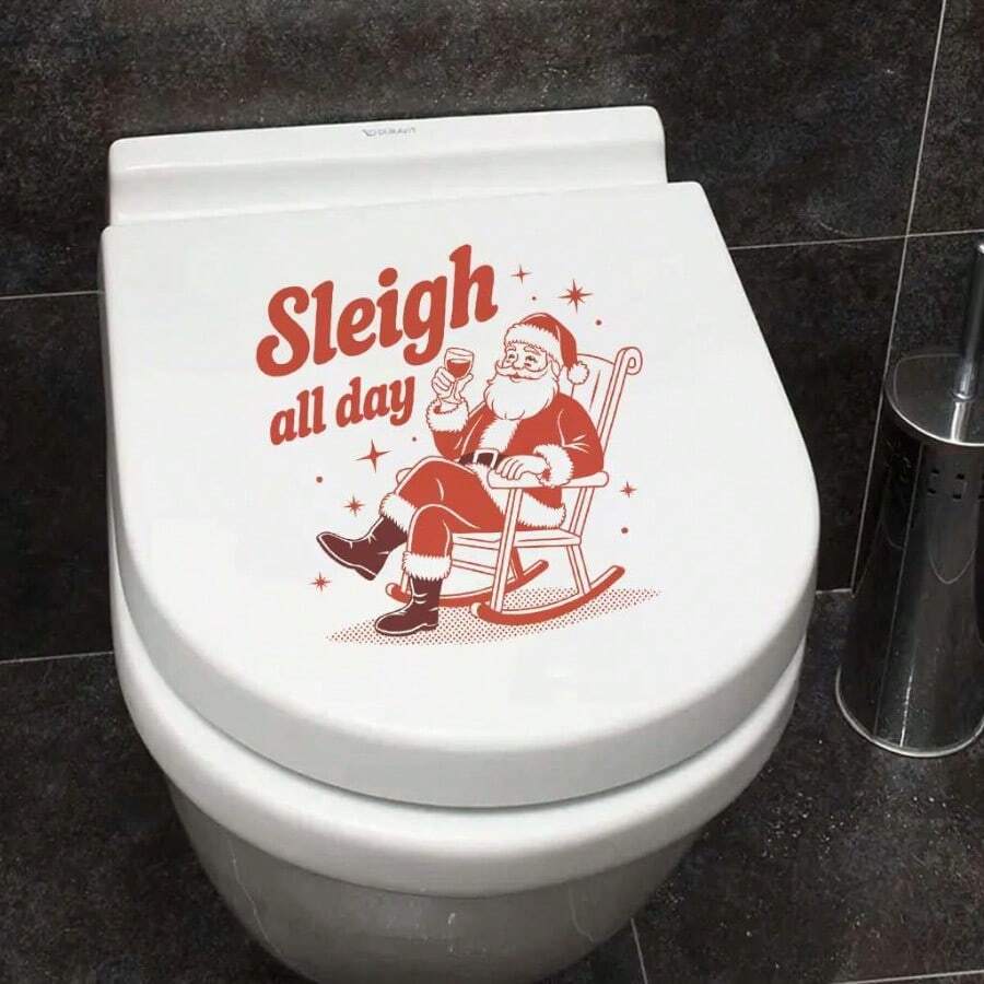 1pc Vintage Santa Claus Sitting In Rocking Chair Holding Wine Glass "Sleigh All Day" Toilet Tank Sticker, Removable PVC Funny Christmas Decor Sticker, Bathroom Personalized Holiday Atmosphere Sticker - Santa Claus - View 1
