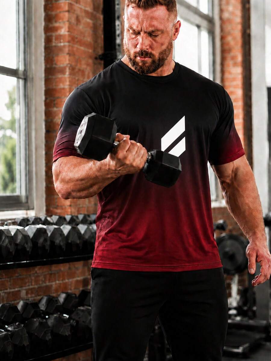 Plus Size Men's Short Sleeve Sports T-Shirt, Gradient Design, Breathable Athletic Fashion, Moisture-Wicking Gym Top - Redwood - View 1
