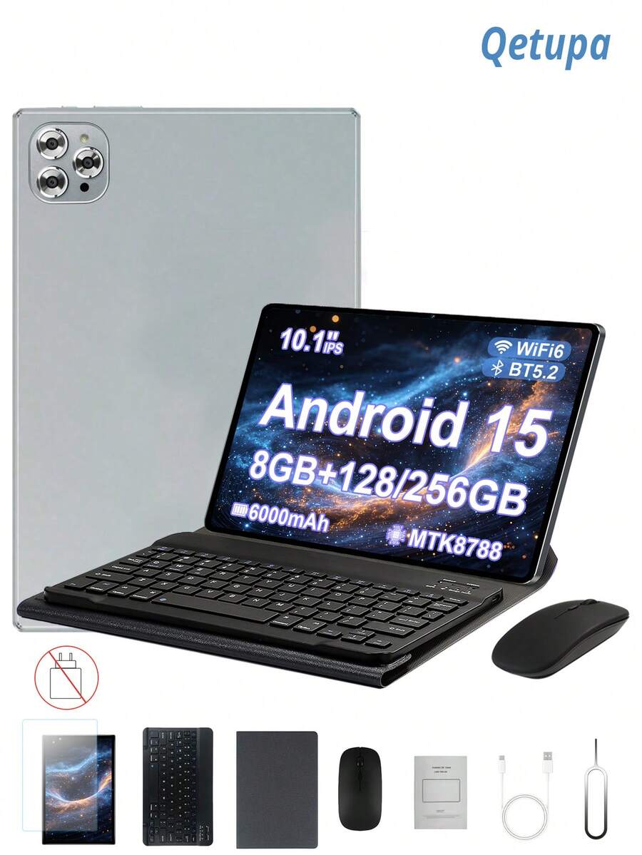 Qetupa 10.1-Inch Tablet With Case, Screen Protector, Keyboard, And Mouse, 8GB RAM + 128/256GB ROM (Supports 1TB Expansion), 1280x800 Touchscreen, 5MP Front Camera And 13MP Rear Camera, 6000mAh Battery (Charger Not Included) - Silver - View 1