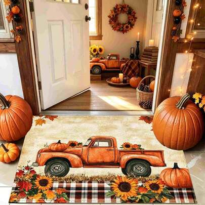 1pc Autumn Series Vintage Pickup Truck Harvest Print Faux Cashmere Surface TPR Bottom Doormat, Bathroom Mat, Kitchen Mat, Laundry Room Mat, Holiday Atmosphere Decor, Home Decor, Party Decor, Wedding Decor, Dining Room Decor