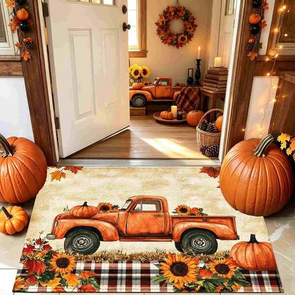 1pc Autumn Series Vintage Pickup Truck Harvest Print Faux Cashmere Surface TPR Bottom Doormat, Bathroom Mat, Kitchen Mat, Laundry Room Mat, Holiday Atmosphere Decor, Home Decor, Party Decor, Wedding Decor, Dining Room Decor
