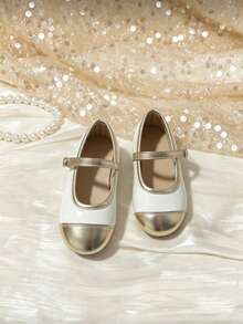 Girls' Two-Tone Mary Jane Flat Shoes, White And Gold Toe Cap, Adjustable Strap, Non-Slip Soft Sole, Princess Dress Shoes, Suitable For Party, Wedding And Daily Wear - White - View 4