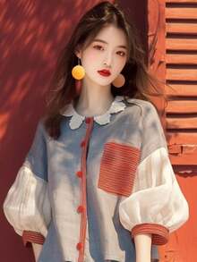 Women Color Block Blouse Scalloped Collar Puff Sleeve Vintage Mori Girl Style Casual Loose Fit Button Up Top Linen Look Retro Cute Shirts - Multicolor - View 5