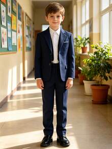 男童3件式正式西裝套裝，包含西裝外套、西裝長褲、吊帶，紳士風婚禮生日派對舞台正式場合套裝，海軍藍，4-16歲 - 藏蓝色 - 查看 6