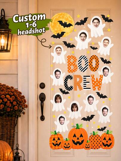 Custom Halloween Ghost Wall Sticker, Spooky Door Room Decor With Photo Faces, Personalized Crew Wall Decal, Customized 1-6 Avatars Home Party Decoration, Customizable Fall Holiday Gift For Family Friends, Halloween Gifts, Living Room Decor