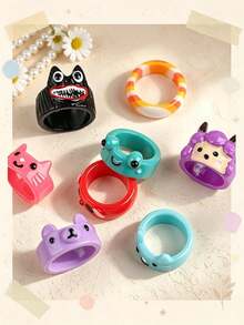 10/20 Buah Cincin Resin Hewan Kartun Campuran, Perhiasan Jari Warna-warni Lucu Hadiah untuk Anak Laki-laki dan Perempuan - Cincin resin bercorak hewan - View 4