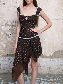 Top Dazzle Women's Bohemian Brown Polka Dot Skirt, Semi-Sheer Back Square Neck T-Shirt Dress, Fashionable Style - Coffee - View 3