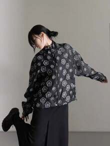 Korean Style Floral Dark Pattern Vintage Cute Print Hooded Lightweight Sun Protection Versatile Nylon Jacket - Black - View 4