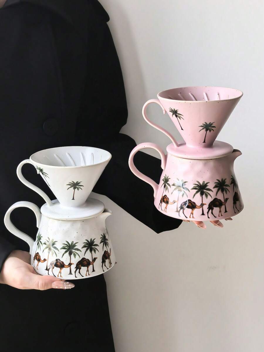 طقم إبريق قهوة سيراميك بتصميم جمل صحراوي 1 قطعة، غلاية تقطير بأسلوب INS مع شجرة نخيل وجمل وفلتر يدوي الصنع، بطابع صحراوي غريب، بدون كهرباء، مثالي لعشاق القهوة، هدية