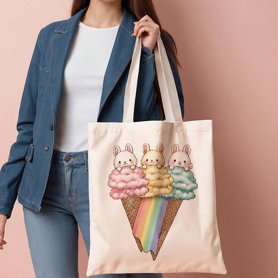 Bolsa de Lona para Compras con Diseño de Conejo y Helado - Diseño adorable de conejo y helado arcoíris, tonos suaves, bolsa de compras reutilizable, lona de poliéster resistente (13.8"x15.8" - A - Ver 1