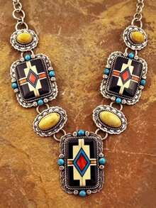 1pc Vintage Western Cowboy Geometric Faux Turquoise Color Block Pendant Heavy Work Necklace, Suitable For Women's Daily, Party, Travel Wear Jewelry Gift - Silver - View 1