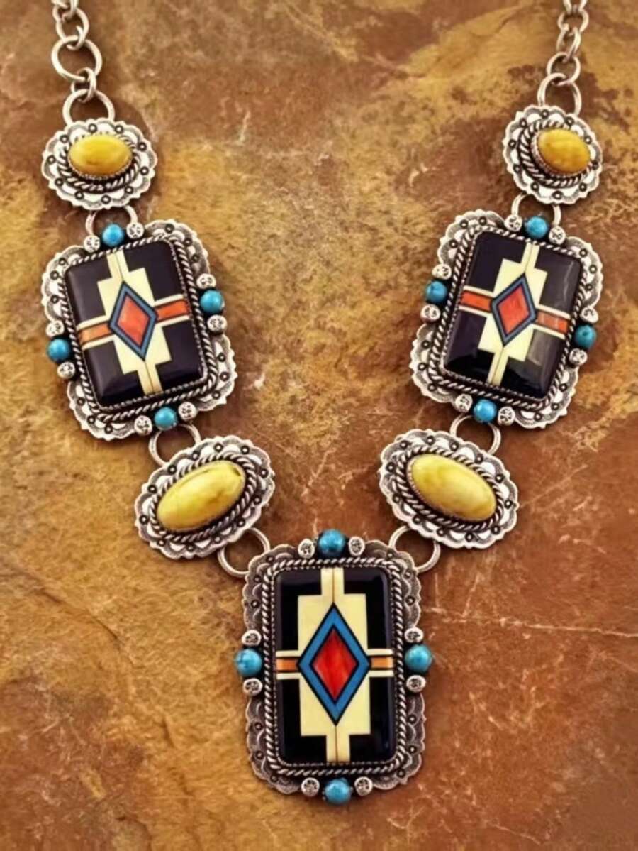1pc Vintage Western Cowboy Geometric Faux Turquoise Color Block Pendant Heavy Work Necklace, Suitable For Women's Daily, Party, Travel Wear Jewelry Gift - Silver - View 1