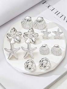 2-12pcs Fashion Ocean Style Silver Stud Earrings Set, Flower Shell Starfish Combination Set, Suitable For Women's Daily Wear, Summer Beach Vacation - Silver - View 3