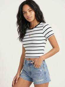 Women's Striped Crop Fit Cotton T-Shirt - White - View 2