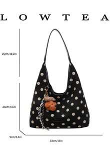 Low Tea 1pc Contrast Color Suede Velvet Portable Magnetic Closure Women's Tote Bag Hobo All-Over Polka Dot Pattern Top Handle Shoulder Wallet And Handbag For Travel, Shopping, Dating, Women's Gift, Work, Business, Commuting (Sold With Pendant) - Black - View 4