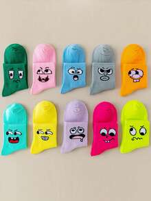 10 Pairs Random Mixed Color Kids Socks, Cartoon Cute Expression Pattern, Baby Boys & Girls, Japanese Style Versatile Mid-Calf Socks For Children & Teens - Multicolor - View 4