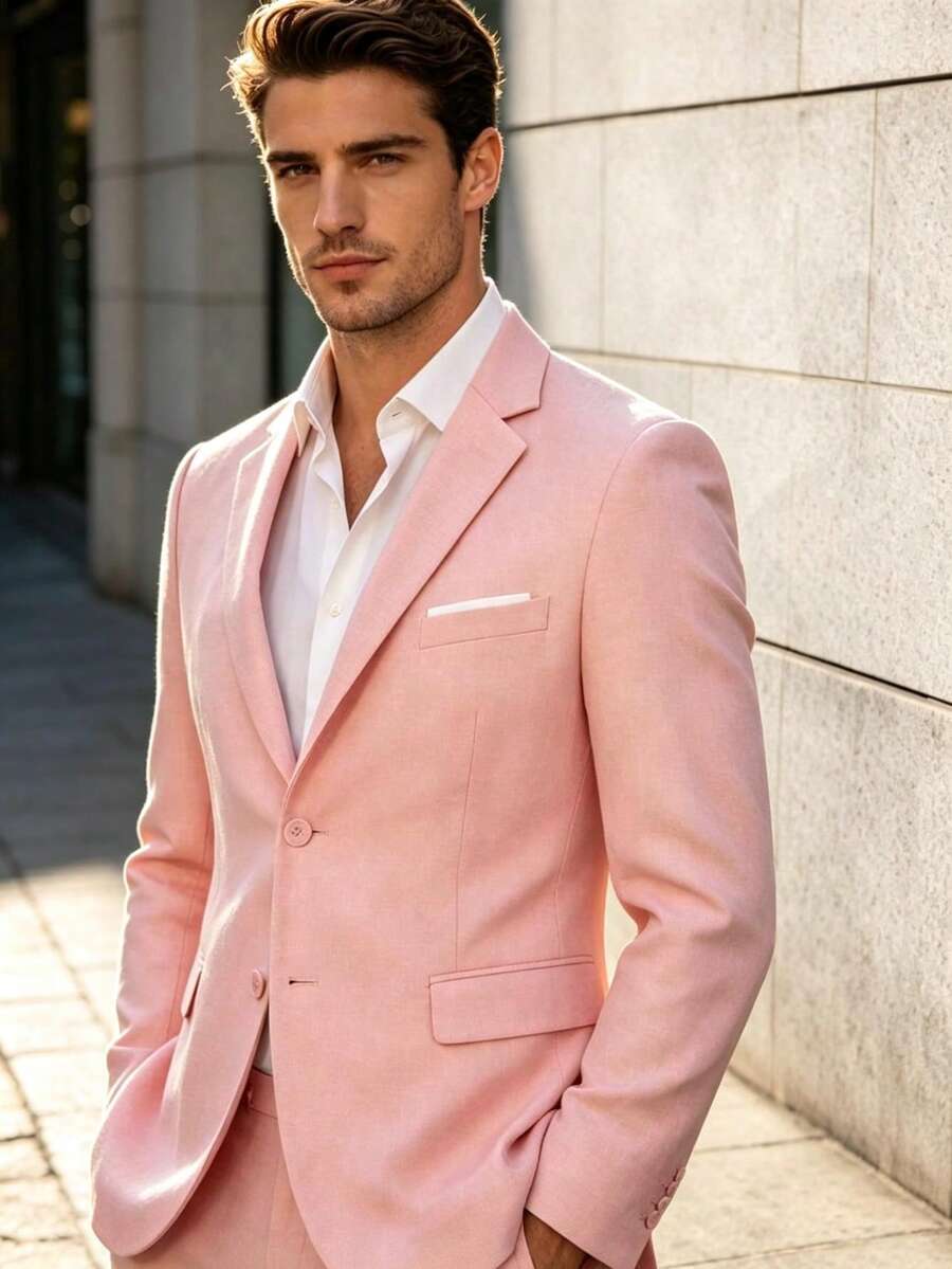 Men's Suit Jacket, Men's Double-Button Elegant Solid Color Slim Fit Single-Breasted Party Suit Formal Business Blazer - Pink - View 1
