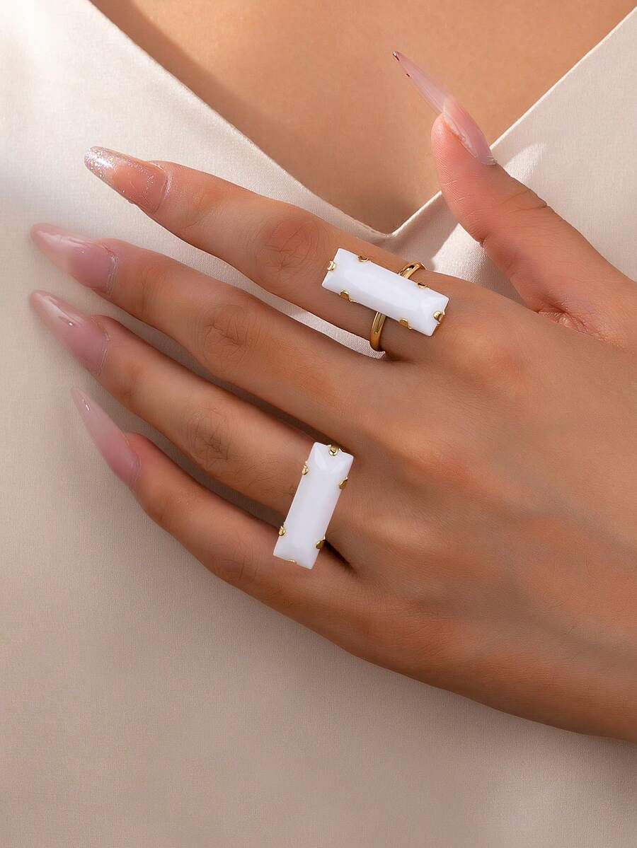 2件組 優雅復古奢華紅色水鑽鑲嵌女款戒指套組，適合禮物、派對與日常配戴 - 白色 - 查看 1