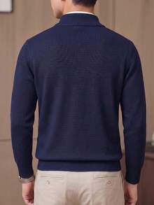 Men's Zipper Vertical Ribbed Knit Sweater, Stand Collar Long Sleeve, Suitable For Office And Daily Wear, Fashion Casual - Navy Blue - View 7