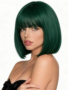 12 Inch Dark Green Air Bangs Women's Wig, Natural Style, Fluffy & Fashionable, Suitable For All Women's Party & Ball Dress-Up Wear - Dark Green - View 4