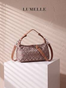Bolso de hombro tejido con espiga vintage, bolso de mano retro de tela a rayas con correa ajustable de cuero sintético, bolso de hombro pequeño ligero y casual para uso diario, viajes, compras y citas - Marrón - Ver 1