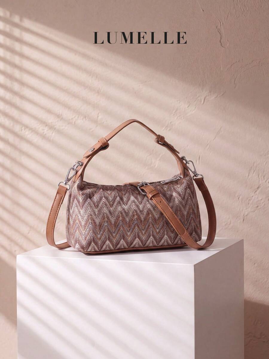 Bolso de hombro tejido con espiga vintage, bolso de mano retro de tela a rayas con correa ajustable de cuero sintético, bolso de hombro pequeño ligero y casual para uso diario, viajes, compras y citas - Marrón - Ver 1