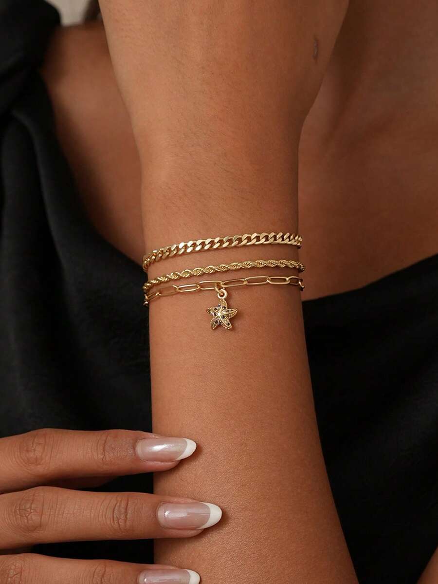 Nooxian 3pcs/Set Women's Bracelet Set, Bohemian Summer Beach Vacation Style, Golden Plated Multi-Layer Basic Chain, Cuban Chain, Twisted Chain, Paperclip Chain, Copper Inlaid Zirconia Starfish Pendant, Layered Bracelet Set, Ocean Series Bracelet Jewelry Gift - Yellow Gold - View 1