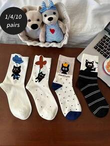 1/4/10 Pairs Lucky Cat Pattern Personalized Mid-Calf Socks, Suitable For School, Couples, Daily Wear, Autumn/Winter - Multicolor - View 1