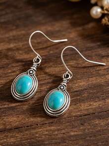 1 Pasang Anting-Anting Paduan Logam Kecil Liontin Bulat Batu Turkuois Buatan Gaya Bohemian - Perak - View 2