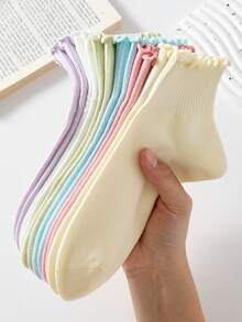 5 Pairs Ribbed Design Rolled Cuff Women's Short Socks, Non-Slip Comfortable Breathable, Suitable For All Seasons, Suitable For Sports And Casual Wear - Multicolor - View 1