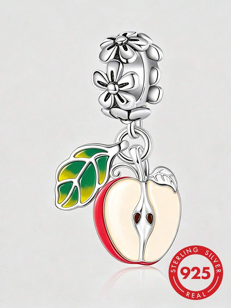 1 pieza Colgante de margarita con cuentas de plata de ley S925, media hoja de manzana de resina colorida, fruta fresca, dije de plata para pulsera DIY - Plateado - Ver 1