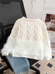 Girls' Sweet Solid Color 3D Cable Knit Patchwork Plush Round Neck Long Sleeve Sweater, Soft Casual Versatile Pullover For Daily Wear, School, Spring, Autumn, Winter - Apricot - View 2