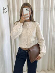 Mori Autumn/Winter Women's Y2K Fashion Cream/Beige Mixed Color Plush Knit Cardigan, Button Round Neck Crop Top, Streetwear Style Fall - Brown - View 6