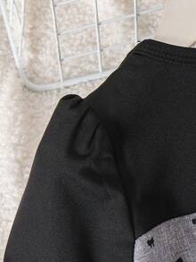 2pcs/Set Girls Casual Minimalist Long Sleeve Grey & Black Colorblock Dress - Black - View 3