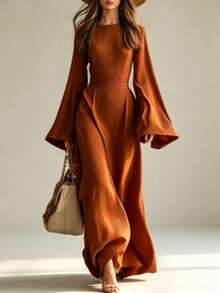 Vestido de moda casual con mangas largas acampanadas, ajustado y de cintura alta que estiliza la figura - Marrón - Ver 2