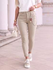 Women's Autumn Stretch Skinny Long Pants, Mid‑Rise Fit, Button‑Zip Fly, With Detachable Side Metal Chain, Classic Front Pockets, Slim Tapered Leg - Beige - View 5