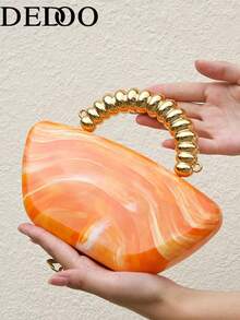 Dedoo 女款晚宴手拿包，弧形梯形硬殼錢包，橘色大理石旋渦圖案，現代時尚手提包，適合婚禮、度假、派對 - 橘色 - 查看 7