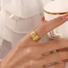 2pcs/Set Stainless Steel Multi-Layer Cross Line Open Ring Set, Unisex Finger Rings - Gold - View 3