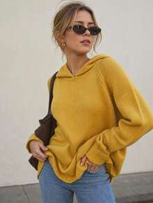 Yellow Loose Knit Pullover Sweater For Women, Autumn/Winter, Slouchy, Soft & Cozy Design Top - Yellow - View 3