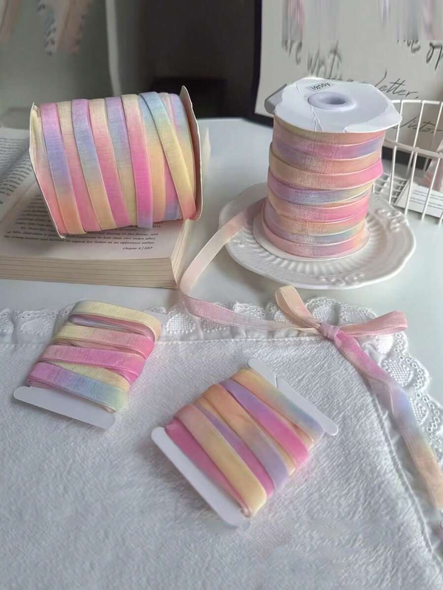 10 Yards/Roll Rainbow Gradient Single-Sided Velvet Ribbon, Suitable For Floral Packaging, Gift Box Decoration And Bow Making, Christmas, Halloween - Multicolor - View 1