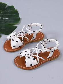 Cute White Polka Dot Bow Sandals For Girls, Criss-Cross Elastic Ankle Strap, Open Toe Kids Summer Shoes, Suitable For Party, Daily Wear, Vacation - White - View 5